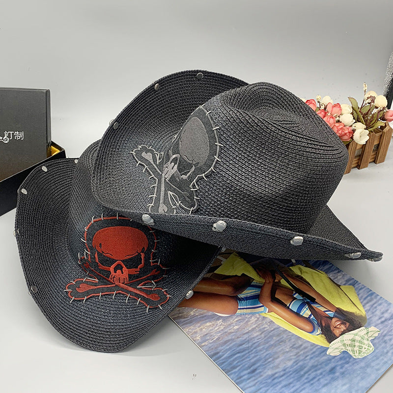 Cowgirl Hats Skull Cowboy Hat Sun-Proof Straw Hat Rivet Men's and Women's Holiday Hat
