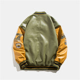 Green Varsity Jacket Autumn Baseball Uniform Men's Stitching PU Leather Flight Jacket Top