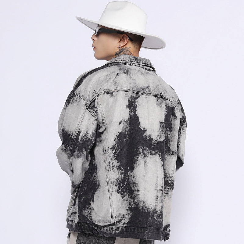 Men Denim Coat Jean Jackets Gradient Tie-Dye Washed Do the Old Cowboy Coat Men Loose Lapels Denim Clothes Jacket