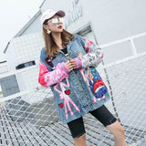 Cartoon Jeans Cardigan Women's Spring Stitching Long-Sleeved Coat Patchwork Women Denim Jacket