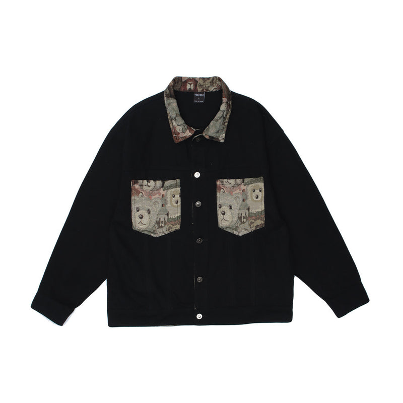 Men Denim Coat Jean Jackets Cartoon Bear Print Patchwork Denim Jacket Men Loose Lapels Jacket Denim Coat