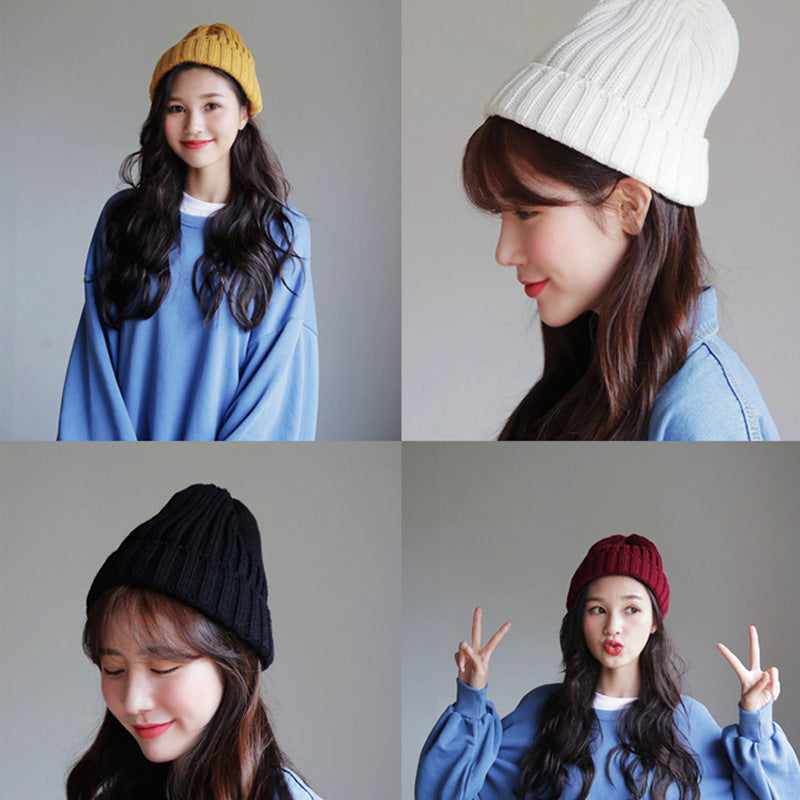 Toboggan Hat Knitted Woolen Cap Women's Autumn and Winter Beanie Hat