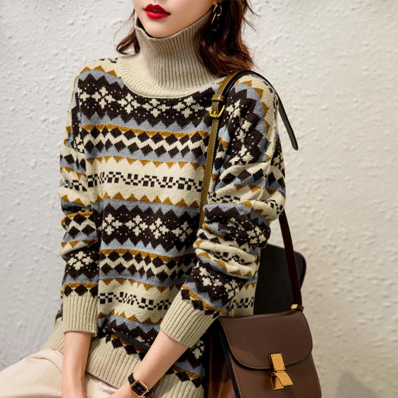 Fair Isle Sweater Cottagecore Outfits for Women Wool Sweater Fairisland Jacquard Thickened Sweater Turtleneck Sweater Loose