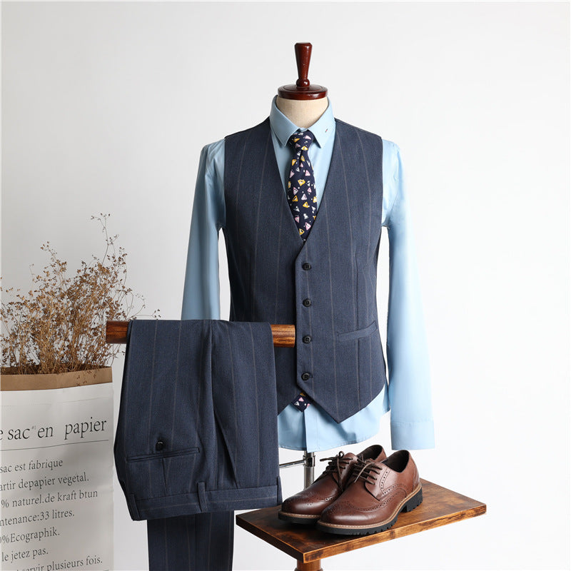 Bohemian Chic Wedding Guest Men Attire Suit Slim Fit Blue Three-Piece Set