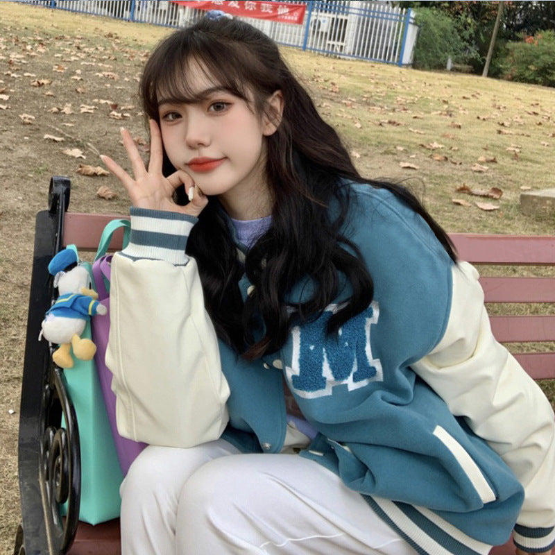 Blue Varsity Jacket Baseball Uniform Girls' Spring and Autumn Junior High School Students Korean Style Loose-Fitting Versatile Thin Jacket