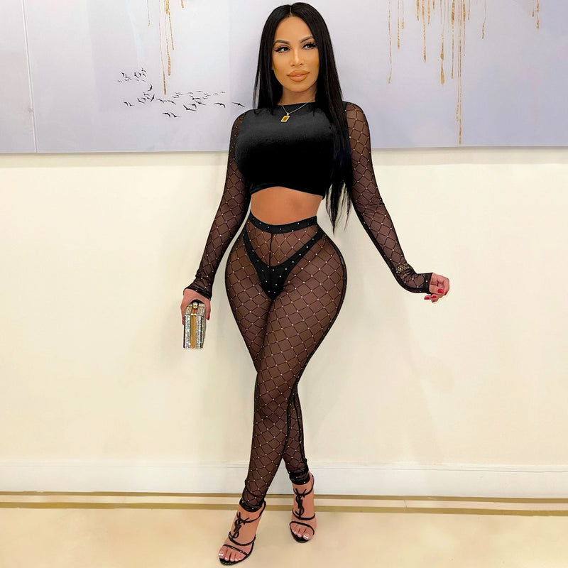 Party Pants Suits Women's Clothing Sexy Color Block Long Sleeve Short Top Mesh