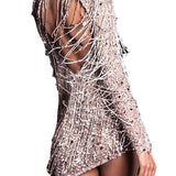 Lady Gaga Dress Sequined Backless Tassel Long Sleeve Short Dress