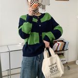 Preppy Aesthetic Sweater Autumn and Winter Sweater Female Vintage Stripe round Neck Loose