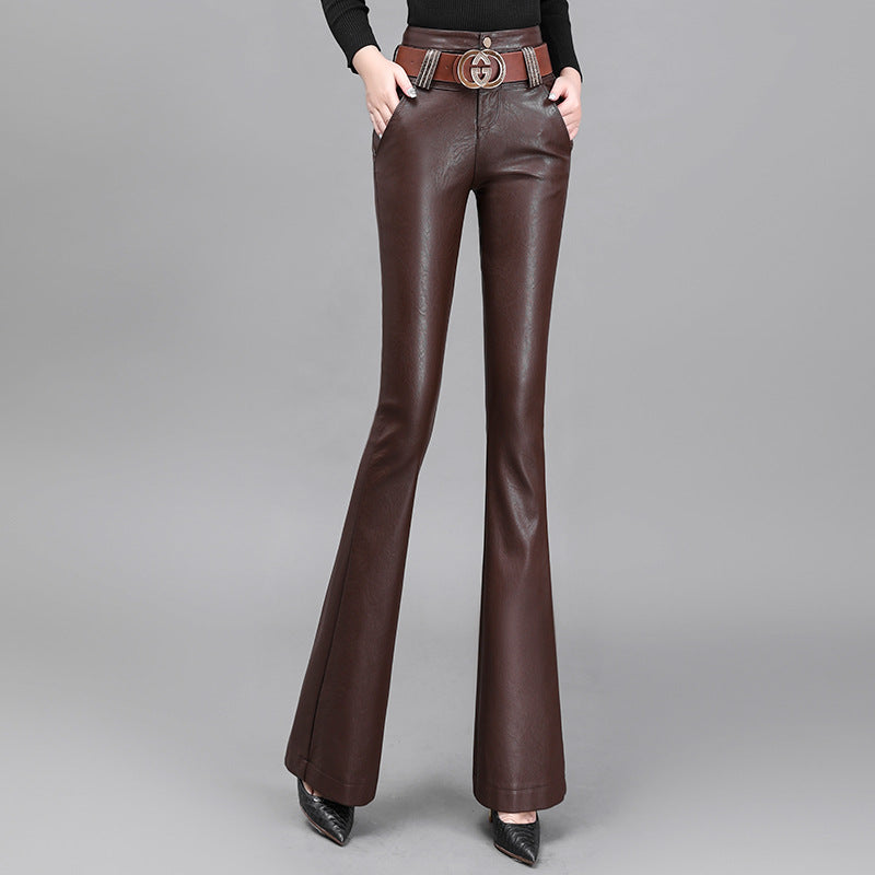 Brown Leather Pants Autumn and Winter Stretch Pants High Slimming Waist Draping Effect Trousers