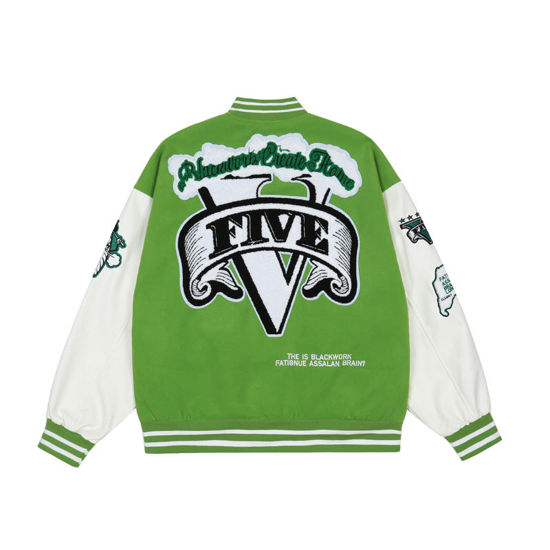 Green Varsity Jacket PU Leather Stitching Jacket Men's Hip Hop Contrast Color Towel Embroidery Baseball Uniform Jacket