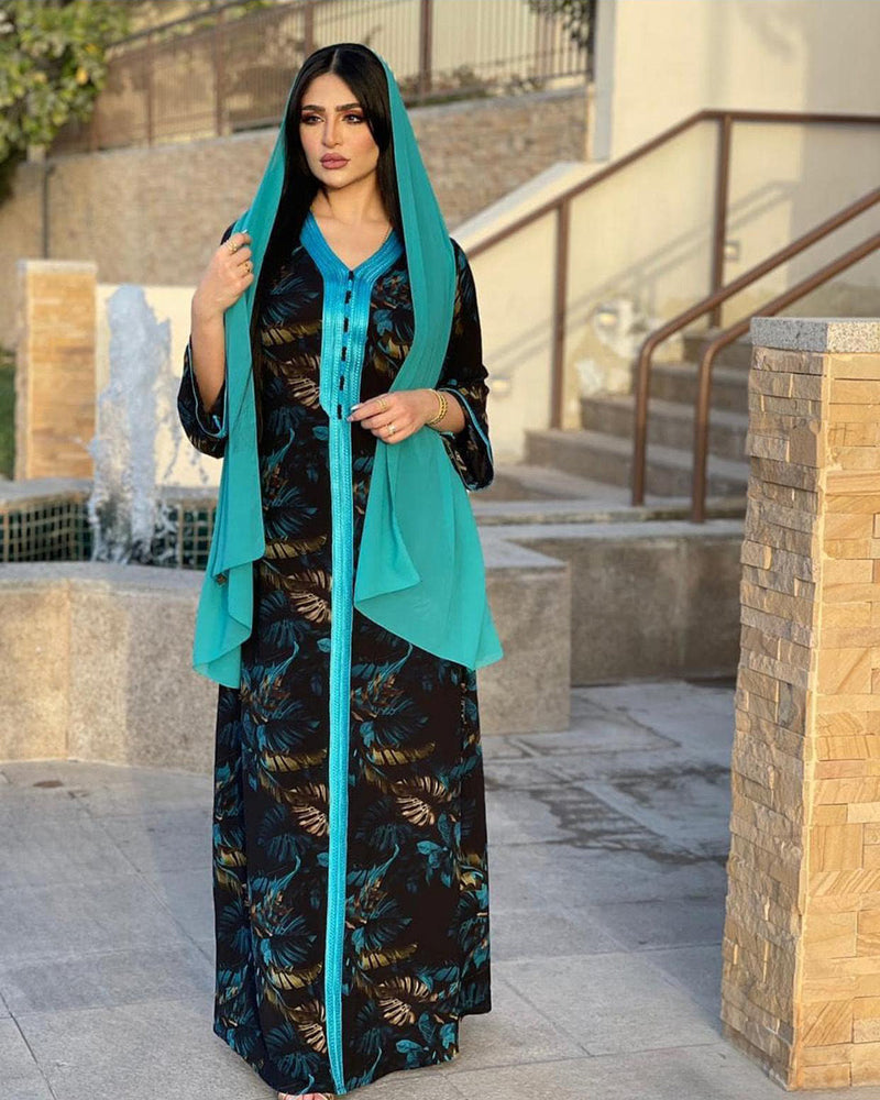 Muslim Women Stylish Kashibo Abaya Muslim Ladies Long Gown Islamic Clothing Jilbab Jalabiya Arabic Loose Blue Vintage Dress