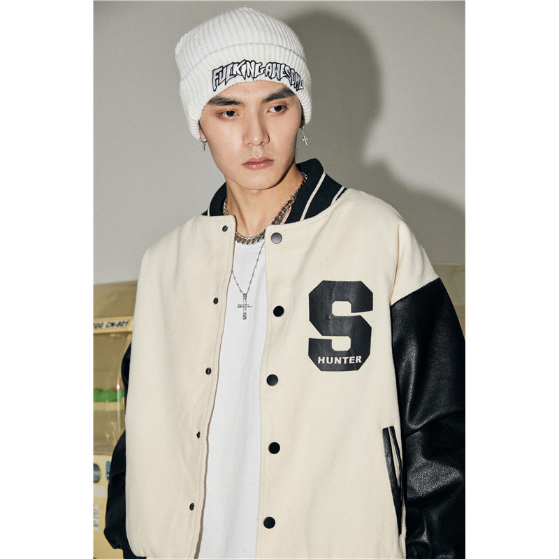 Black Varsity Jacket Autumn and Winter Baseball Uniform Men's Stitching Contrast Color Pilot Jacket Jacket