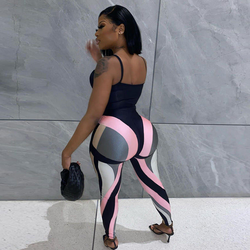 Summer Printing Color Contrast High Waist Hip Lift Bodybuilding Sports Trousers Leggings for Women