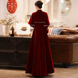 Burgundy Dresses For Wedding Winter Thick Style Red Velvet Long Sleeves Engagement Wedding Dress For Women