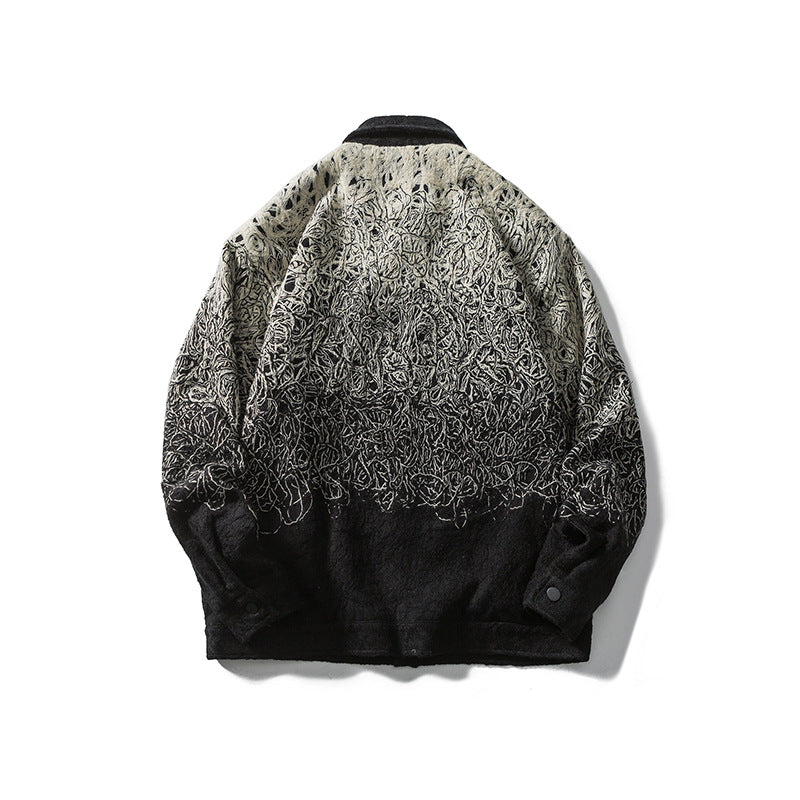 Black Varsity Jacket Autumn Gradient Printing Men's Casual Jacket Coat Polo Collar Top