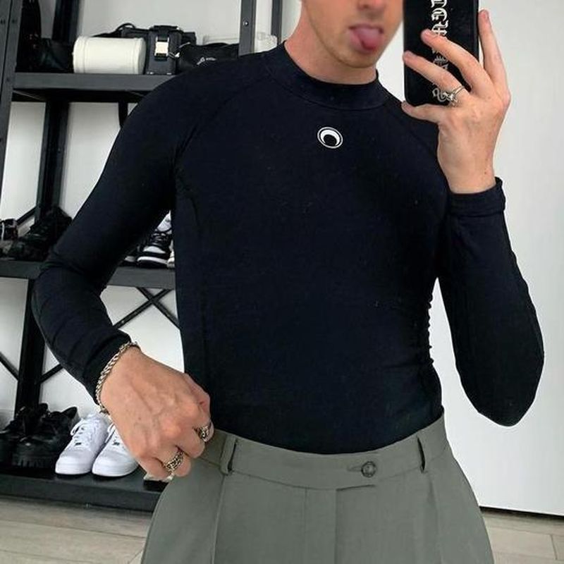 Rave Outfits Mens Long Sleeve Shirt Western Style Sexy Slim Bottoming Shirt Men's Casual T-shirt