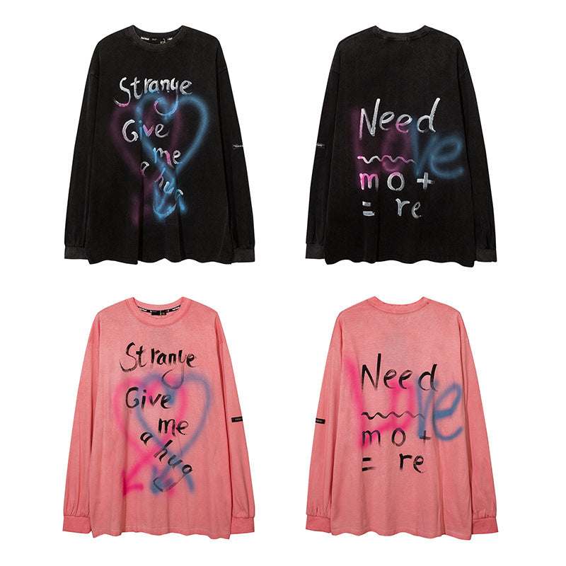 Mens Fall Outfits Retro Washed Distressed Tie-Dye Hand Painted Graffiti Printed Loose Long Sleeves T-shirt