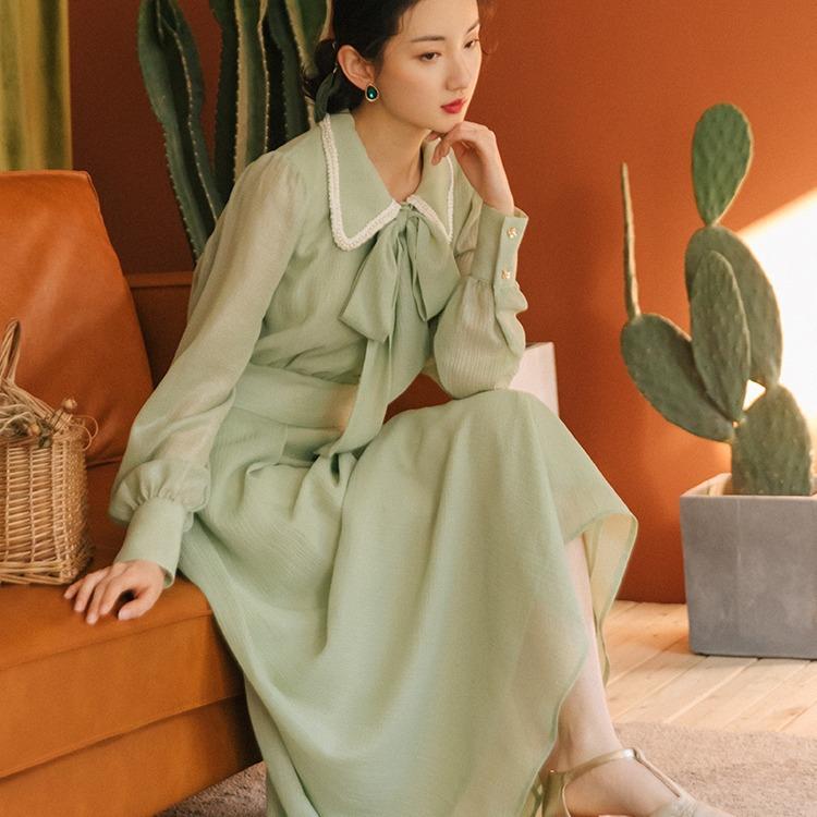 Women Retro Cottagecore Vintage Dress Square Collar Dres Spring Retro Gentle Lapel Puff Sleeve Dress