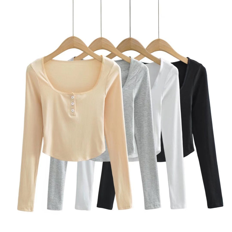 Women Fall Fall Four Colors Lace Collar Long Sleeve T-shirt Slim-Fit Crop-Top
