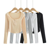 Women Fall Fall Four Colors Lace Collar Long Sleeve T-shirt Slim-Fit Crop-Top