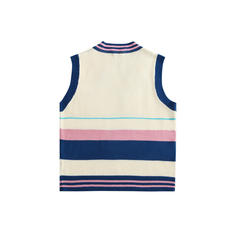 Men Sweater Vest Contrast Color Stripes V-neck Sweater Waistcoat Men's BF Idle Style Loose Underwaist Tank Sleeveless Sweater Coat