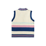 Men Sweater Vest Contrast Color Stripes V-neck Sweater Waistcoat Men's BF Idle Style Loose Underwaist Tank Sleeveless Sweater Coat