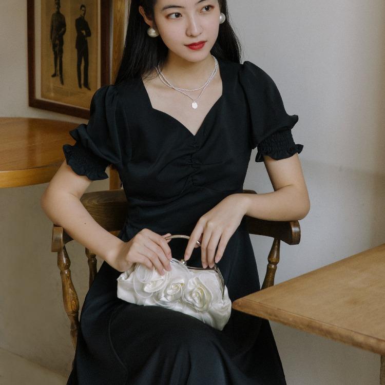 Women Retro Cottagecore Vintage Dress Summer Vintage Black Square Collar Puff Sleeve Corset Slimming Dress