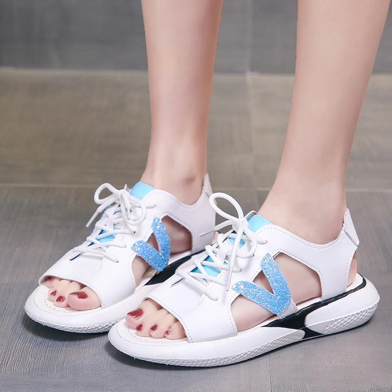 Women Open Toe Sandals Flats Large Size Flat Bottom Stylish Beach Casual Sequin Peep Toe Lace-up Sports Sandals