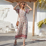 Emery Rose Dresses Cotton Printed Bohemian Dress Short Sleeve Maxi Dress