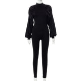 Autumn Solid Color round Stand Collar Long Sleeve Sexy Tight Trousers Jumpsuit