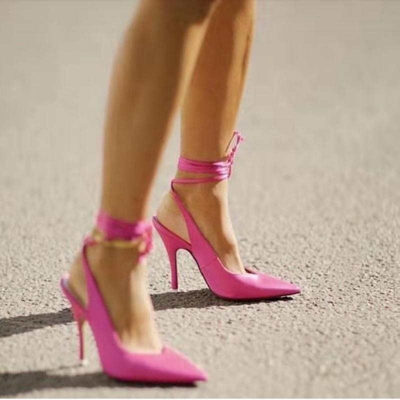 Hot Pink Heels Women's High-Heeled Sandal Pointed Stiletto Heel Ankle Ring Bandage Cloth Sandals