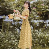 Women Retro Cottagecore Vintage Dress Retro Light Yellow Polka Dot Corsetv Collar Short Sleeve Mid-Length Dress Summer