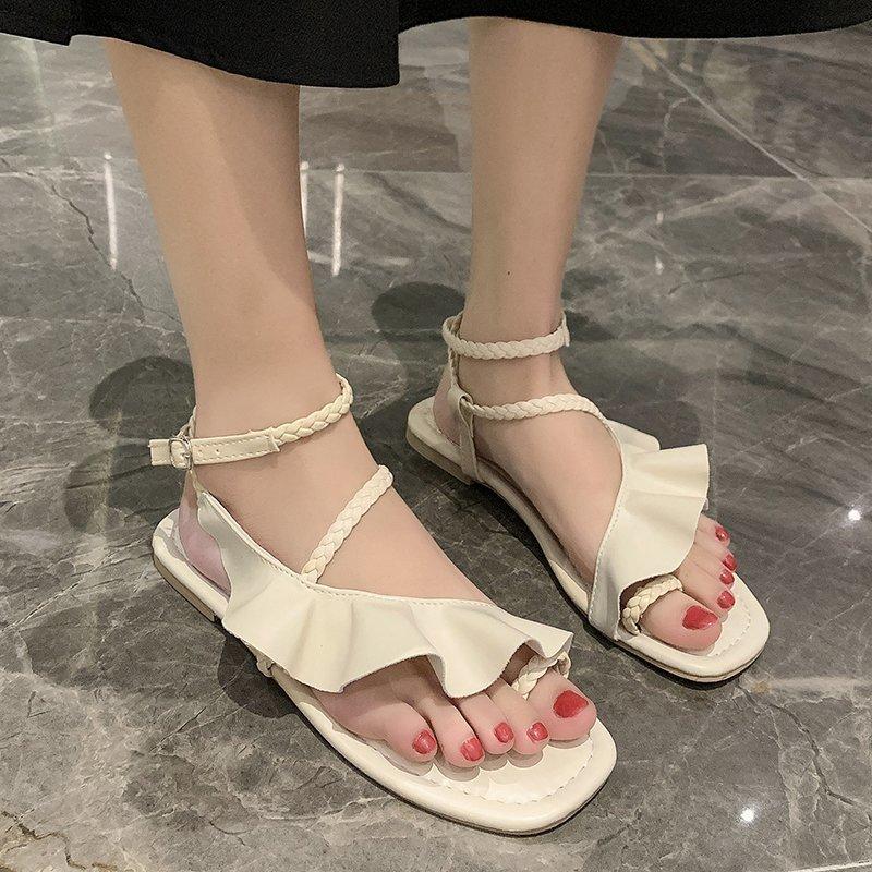 Women Open Toe Sandals Flats Summer Ruffles Flat Large Size Sandals