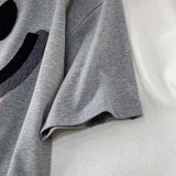 Smiley Face T Shirt round Neck Pullover Smiling Face Embroidery Loose Short Sleeve T-shirt
