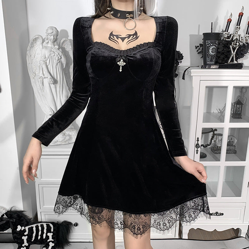 Winter Formal Dresses Dark Lace Dress Autumn and Winter Stitching Long Sleeve Round Neck