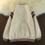 Beige Varsity Jacket Autumn Baseball Uniform Cardigan Button Jacket Cotton Jacket Women Embroidered Letters