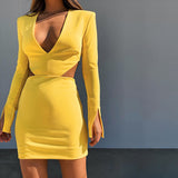 Winter Formal Dresses Autumn and Winter V-neck Hollow-Out Midriff Dress Solid Color Long Sleeve Narrow Skirt