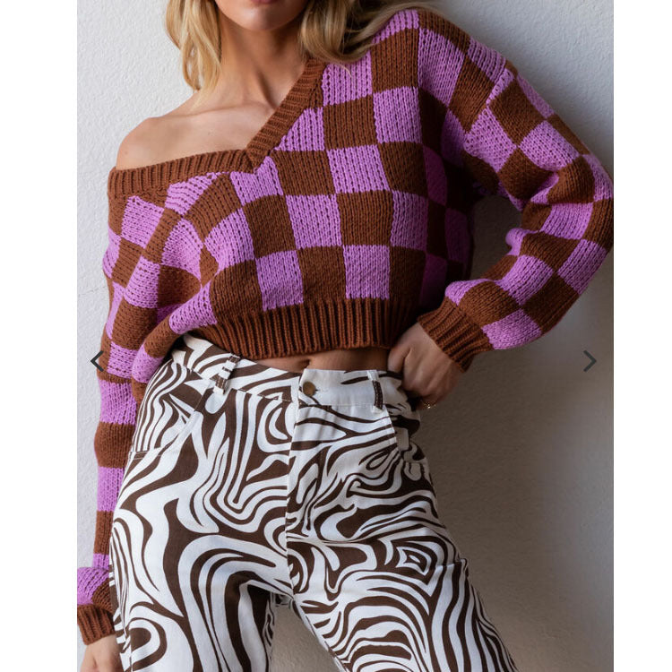 Women Fall Fall Plaid Contrast Color V-neck Pullover Sweater Short Top