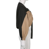 Khaki Cropped Varsity Jacket Short Lantern Sleeve Contrast Color Jacket