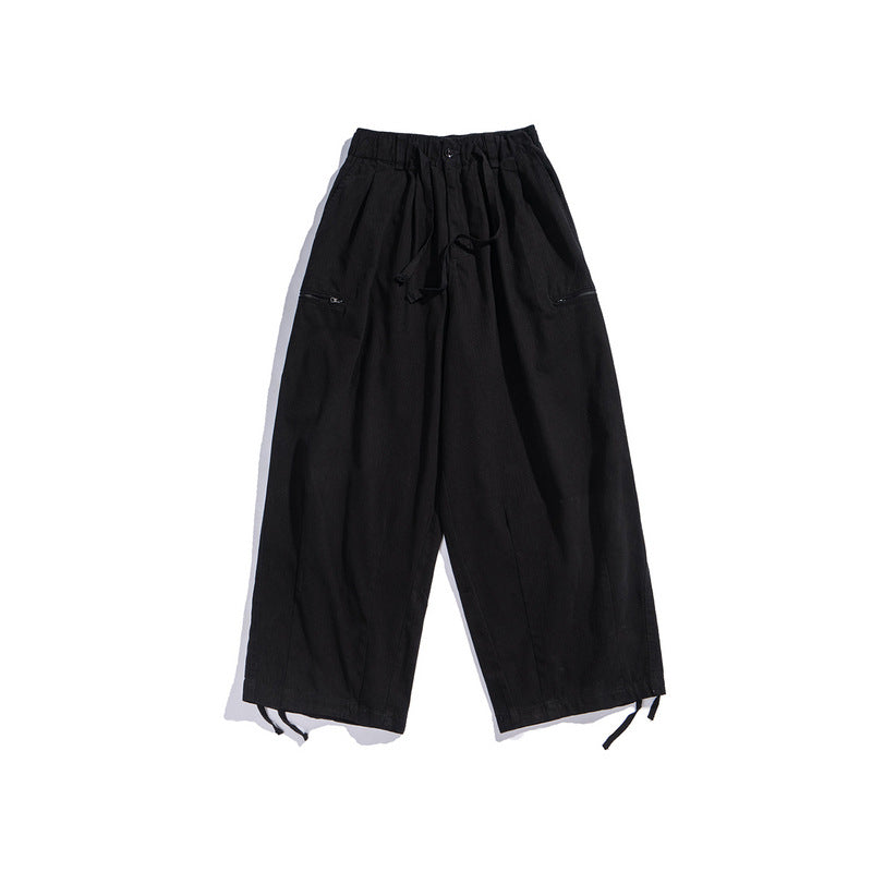 Mens Fall Outfits Japanese-Style Retro Solid Color Straight Drawstring Jogger Pants Loose-Fitting Wide-Leg Trousers
