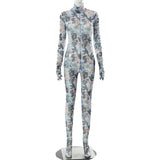 Autumn Hollow-out Gloves Sheer Long Sleeve round Stand Collar Sexy Mesh Jumpsuit