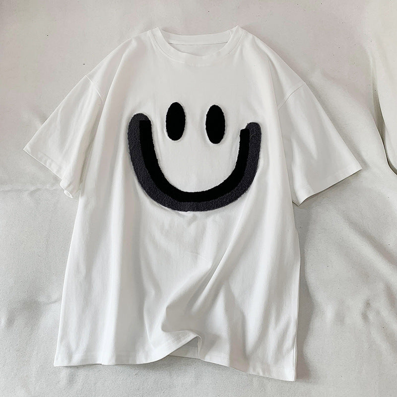 Smiley Face T Shirt round Neck Pullover Smiling Face Embroidery Loose Short Sleeve T-shirt