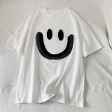 Smiley Face T Shirt round Neck Pullover Smiling Face Embroidery Loose Short Sleeve T-shirt