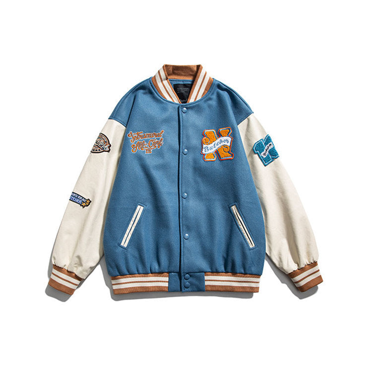 Varsity Jacket Vintage Autumn Men's Baseball Uniforms Campus Color Contrast Patchwork Youth Casual Jacket