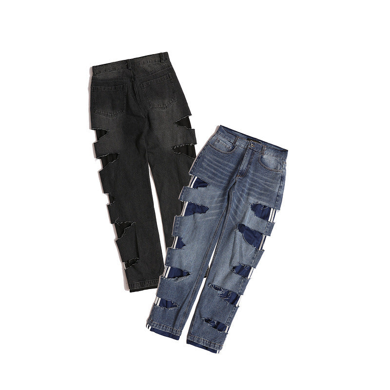 Mens Fall Outfits Worn Looking Washed-out Loose Wide Leg Straight Jeans Men's Slippers Floor Pants