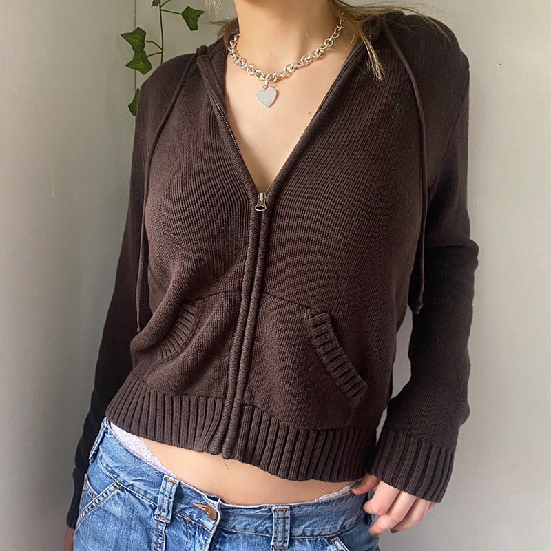 Preppy Aesthetic Sweater Hooded Zipper Solid Color Coat Short Top