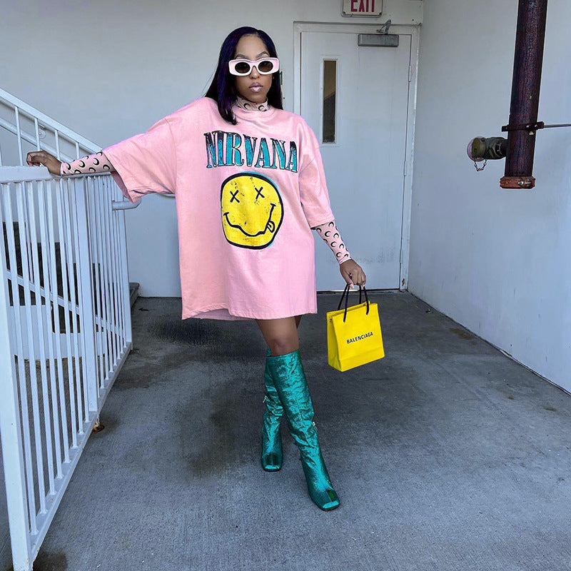 Smiley Face T Shirt Loose Letter Print Sports Casual Smiley Face Short Sleeve