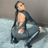 Spring round Neck Backless Long Sleeves Tether Spaghetti Strap Bra One-Piece Casual Trousers