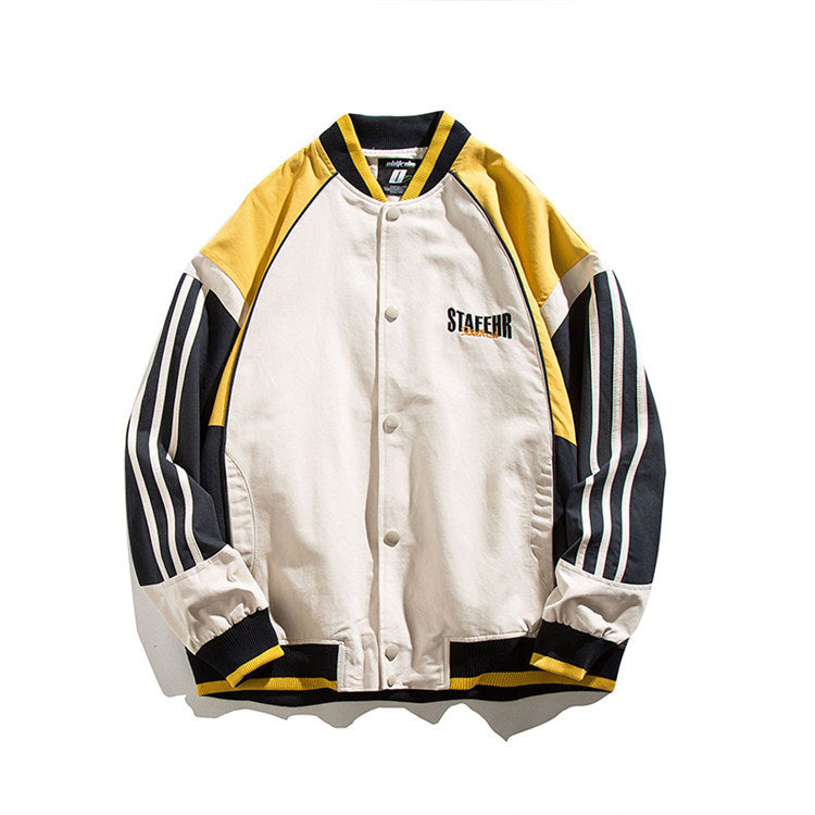 Yellow Varsity Jacket Autumn Jacket Campus Loose Striped Sleeve Men's Jacket