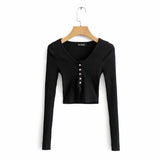 Women Fall Fall Five-Color Deep V Buckle Slim Fit Short Knitted Top